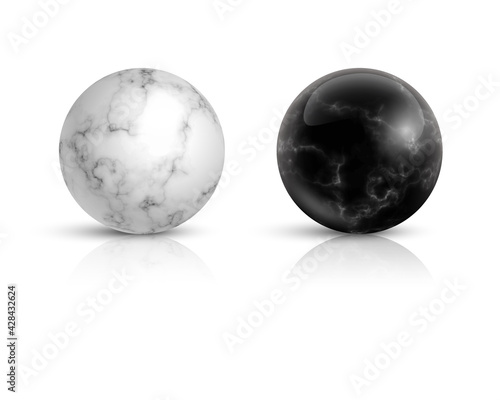 Black and white marble balls set. 3d realistic spheres in stone pattern with lines and shades vector illustration. Geometric abstract realistic objects for house decoration