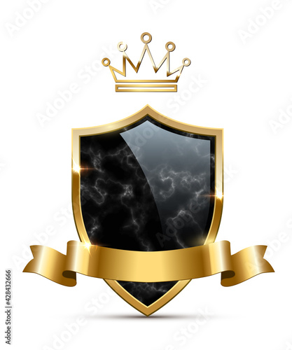 Glass marble shield with golden frame, crown and ribbon. Gold heraldic emblems vector illustration. Retro luxury elements with shining sparkles. Heraldry insignia, antique decor on white background