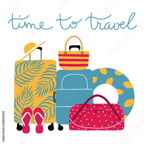 Time to travel. Travel set with colorful accessories. Family vacation