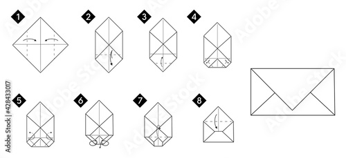 How to make a origami envelope vector illustration. Monochrome black line step by step DIY instruction.