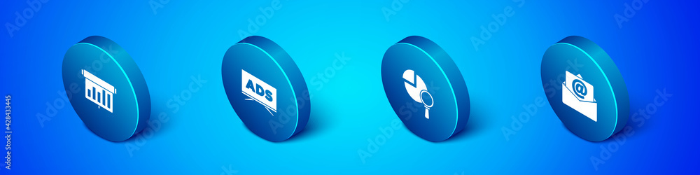 Set Isometric Board with graph chart, Magnifying glass and analysis, Mail e-mail and Advertising icon. Vector Set Isometric Board with graph chart, Magnifying glass and analysis, Mail e-mail and Advertising icon. Vector