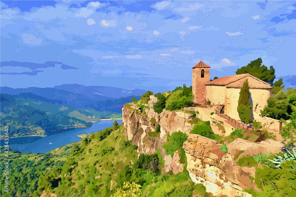 Romanesque church of Santa Maria de Siurana on top of rock, view into valley, mountains on the background. Blue sky with white clouds.  Catalonia, Spain.