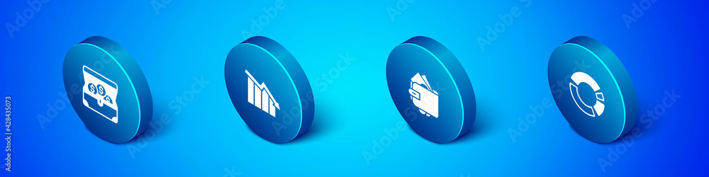 Set Isometric Treasure chest, Wallet with money, Pie chart infographic and Financial growth decrease icon. Vector Set Isometric Treasure chest, Wallet with money, Pie chart infographic and Financial growth decrease icon. Vector