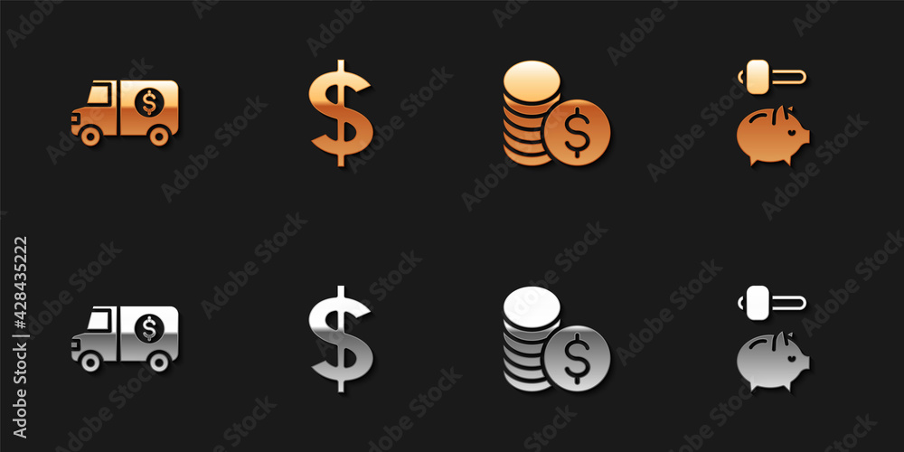 Set Armored truck, Dollar symbol, Coin money with dollar and Piggy bank and hammer icon. Vector Set Armored truck, Dollar symbol, Coin money with dollar and Piggy bank and hammer icon. Vector