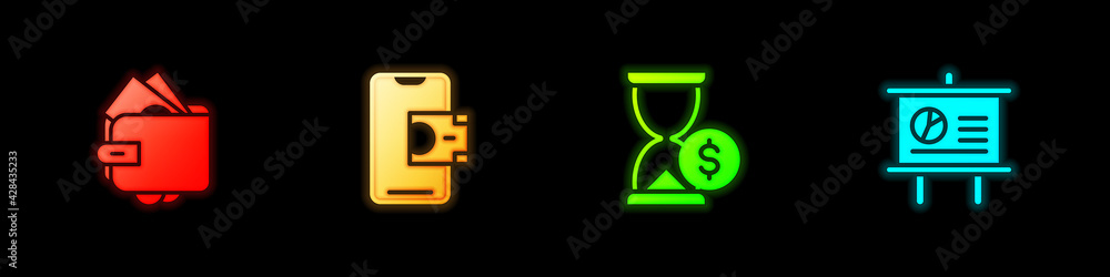 Set Wallet with money, Mobile banking, Hourglass dollar and Chalkboard diagram icon. Vector Set Wallet with money, Mobile banking, Hourglass dollar and Chalkboard diagram icon. Vector