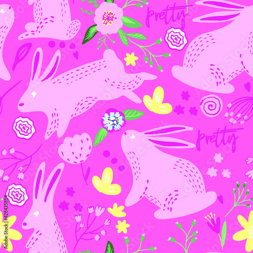 Seamless pattern of cute bunnies and flowers . Hand drawn vector background for children  textile   wrapping paper and more 