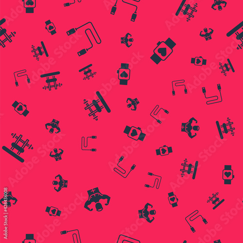 Set Bodybuilder muscle, Jump rope, Bench with barbel and Smart watch on seamless pattern. Vector