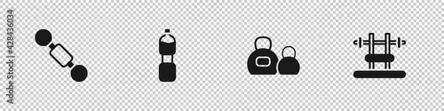 Set Dumbbell, Bottle of water, Kettlebell and Bench with barbel icon. Vector