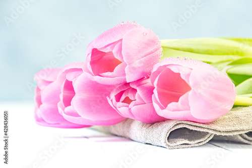 Festive bouquet of pink tulips lies on cloth on white table. Petals are covered with dew drops. Fresh flowers for gift