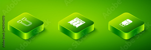 Set Isometric Locker or changing room, Boxing glove and Chest expander icon. Vector