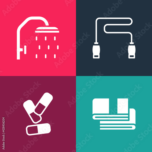 Set pop art Towel stack, Vitamin pill, Jump rope and Shower head icon. Vector