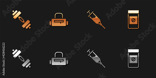 Set Dumbbell, Sport bag, Doping syringe and Anabolic drugs icon. Vector