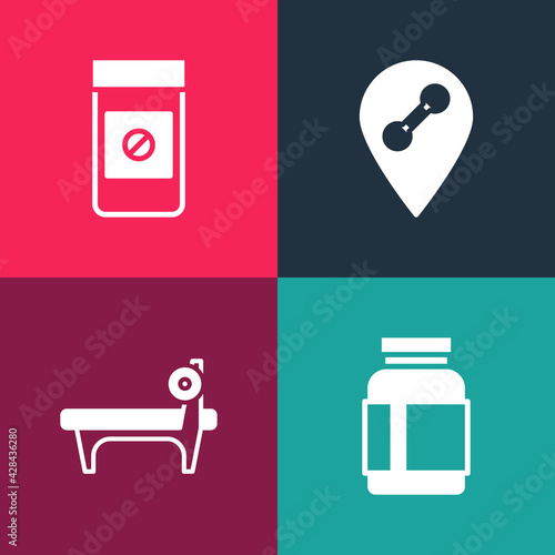 Set pop art Sports nutrition, Bench with barbel, Location gym and Anabolic drugs icon. Vector