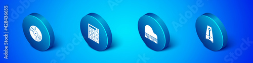 Set Isometric Vinyl disk, Grand piano, Metronome with pendulum and Drum machine icon. Vector