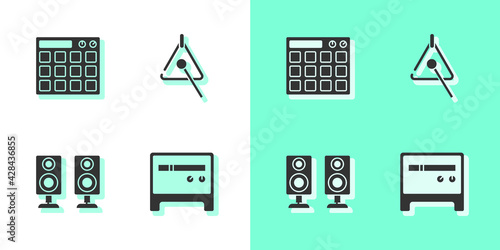 Set Guitar amplifier, Drum machine, Stereo speaker and Triangle icon. Vector