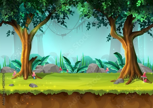 Vector cartoon style seamless mystery rain forest with trees and mushrooms, illustration for game design, app, websites.