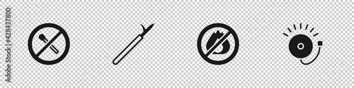 Set No fire match, Metal pike pole, and Ringing alarm bell icon. Vector