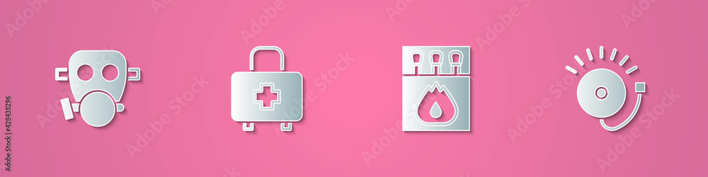 Set paper cut Gas mask, First aid kit, Matchbox and matches and Ringing alarm bell icon. Paper art style. Vector Set paper cut Gas mask, First aid kit, Matchbox and matches and Ringing alarm bell icon. Paper art style. Vector