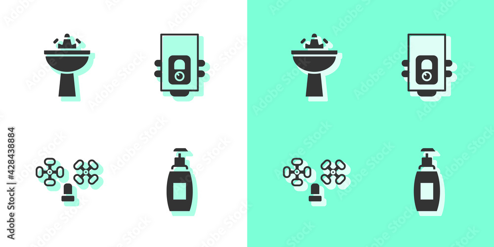 Set Bottle of liquid soap, Washbasin with water tap, Water and Gas boiler icon. Vector Set Bottle of liquid soap, Washbasin with water tap, Water and Gas boiler icon. Vector
