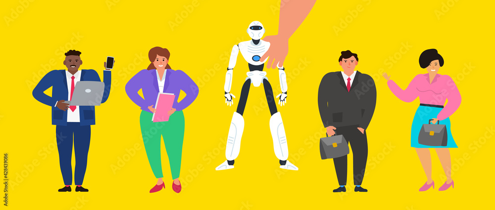 human hand picking a robot humanoid business people recruitment artificial intelligence technology vector illustration