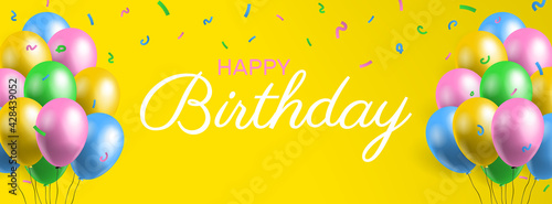 happy birthday horizontal banner design with colorful balloons and confetti on yellow background vector illustration