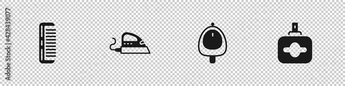 Set Hairbrush, Electric iron, Toilet urinal or pissoir and Perfume icon. Vector