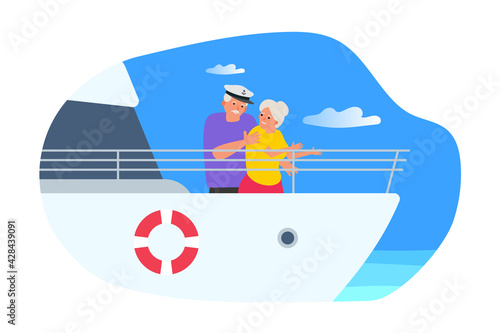 happy senior couple on yacht sailing boat summer vacation travel in ocean vector illustration