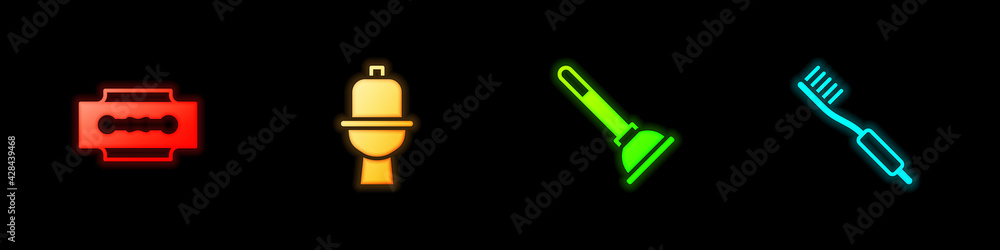 Set Blade razor, Toilet bowl, Rubber plunger and Toothbrush icon. Vector Set Blade razor, Toilet bowl, Rubber plunger and Toothbrush icon. Vector