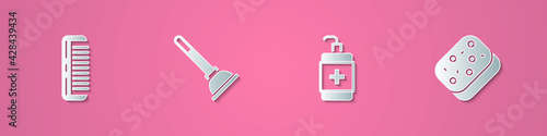 Set paper cut Hairbrush, Rubber plunger, Hand sanitizer bottle and Sponge icon. Paper art style. Vector