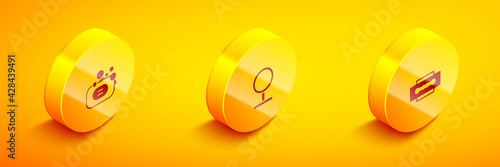 Set Isometric Bar of soap, Round makeup mirror and Blade razor icon. Vector