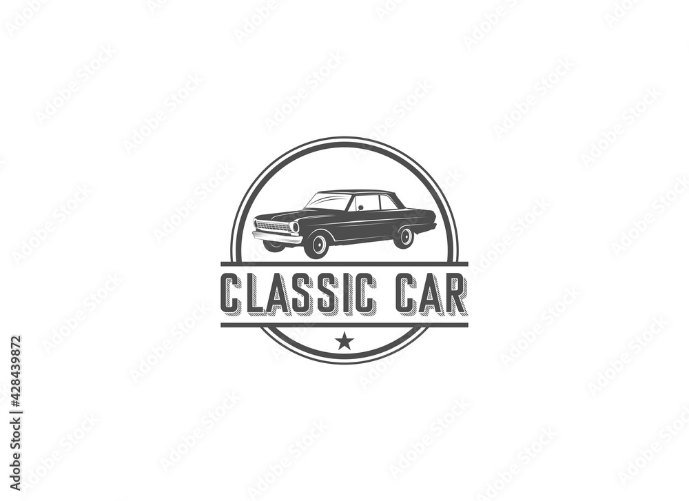 vintage car logo with classic car illustration on white background