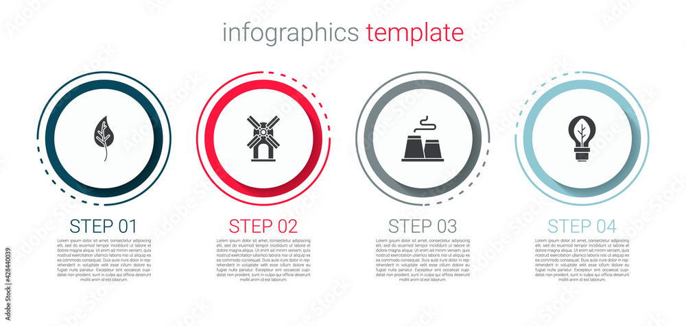 Set Leaf or leaves, Wind turbine, Factory and Light bulb with leaf. Business infographic template. Vector Set Leaf or leaves, Wind turbine, Factory and Light bulb with leaf. Business infographic template. Vector