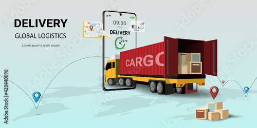 Online delivery service on mobile, Global logistic, Online order. City logistics. Truck, warehouse and parcel box. Concept  for website or banner. 3D Perspective Vector illustration