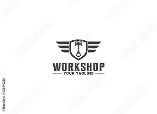 logo for motorized vehicle repair shop with additional piston illustration photo