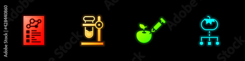 Set Clinical record, Test tube flask on stand, Genetically modified apple and food icon. Vector