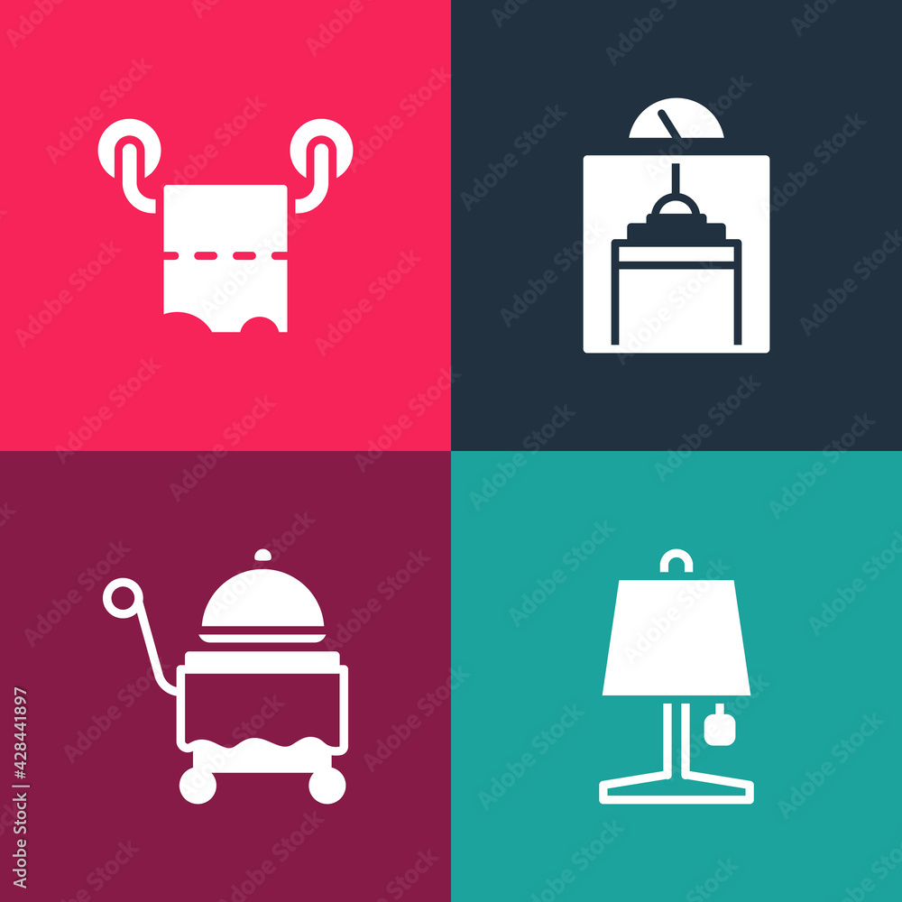 Set pop art Table lamp, Covered with tray, Lift and Toilet paper roll icon. Vector Set pop art Table lamp, Covered with tray, Lift and Toilet paper roll icon. Vector