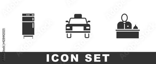 Set Refrigerator, Taxi car and Hotel reception desk icon. Vector