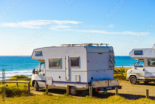 Camper rv camping on sea shore, Spain