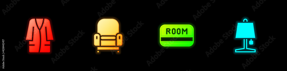 Set Bathrobe, Armchair, Hotel key card and Table lamp icon. Vector Set Bathrobe, Armchair, Hotel key card and Table lamp icon. Vector