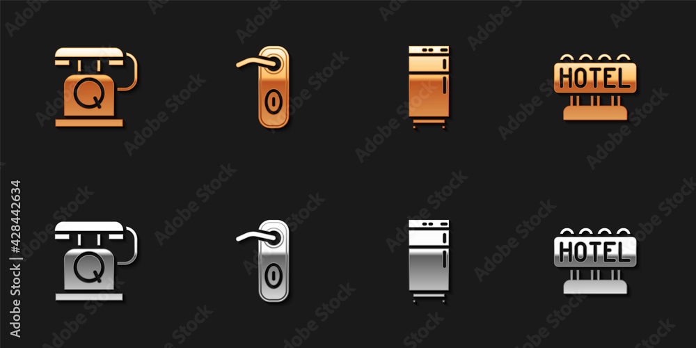 Set Telephone handset, Door handle, Refrigerator and Signboard with text Hotel icon. Vector Set Telephone handset, Door handle, Refrigerator and Signboard with text Hotel icon. Vector