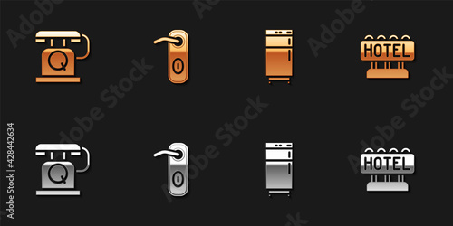 Set Telephone handset, Door handle, Refrigerator and Signboard with text Hotel icon. Vector