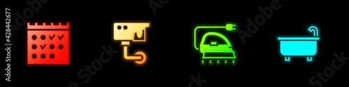 Set Hotel booking calendar, Security camera, Electric iron and Bathtub icon. Vector