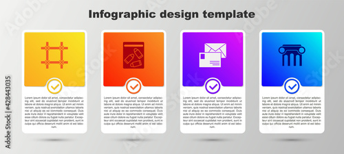 Set Prison window, Evidence bag and bullet, Envelope and Law pillar. Business infographic template. Vector