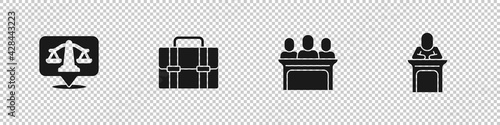 Set Scales of justice, Briefcase, Jurors and Judge icon. Vector