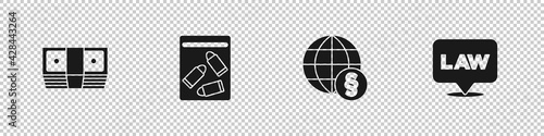 Set Bribe money cash, Evidence bag and bullet, International law and Location icon. Vector