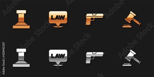 Set Stamp, Location law, Pistol or gun and Judge gavel icon. Vector