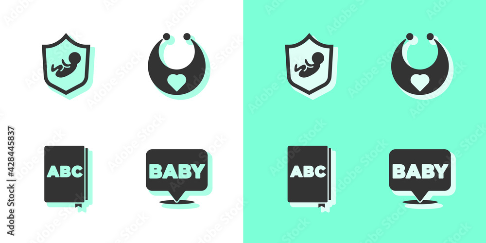 Fototapeta premium Set Baby, on shield, ABC book and bib icon. Vector