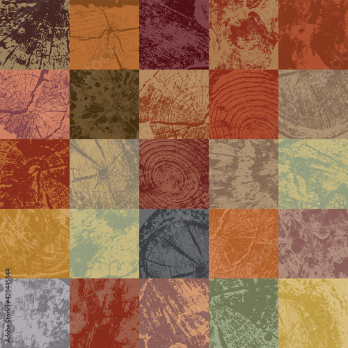 Abstract seamless pattern with realistic wood saw cuts and cross-sections. Colored mosaic background with square wooden tiles of different colors and textures in retro style. Vector illustration