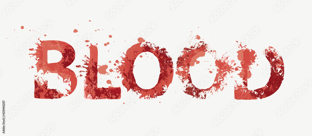 BLOOD lettering in scary bloody letters in grunge style on a light background. Vector illustration in the form of an abstract bloodstained inscription with red blotches. Halloween party style BLOOD lettering in scary bloody letters in grunge style on a light background. Vector illustration in the form of an abstract bloodstained inscription with red blotches. Halloween party style
