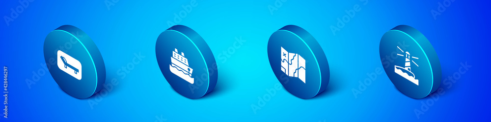 Set Isometric Sunbed and umbrella, Folded map, Lighthouse and Cruise ship icon. Vector Set Isometric Sunbed and umbrella, Folded map, Lighthouse and Cruise ship icon. Vector